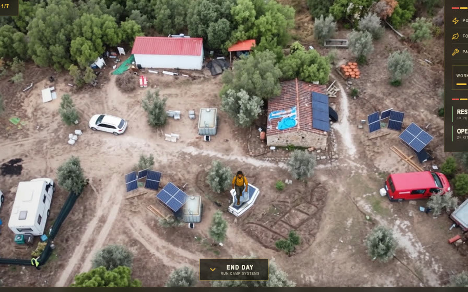Le plateau d'Agoro Camp : le vrai camp vu d'en haut avec son panneau de systèmes