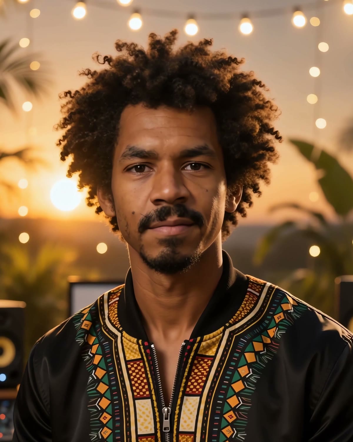 Daniel Duroshola, founder of Agoro Games, in a black jacket with a woven collar, at sunset