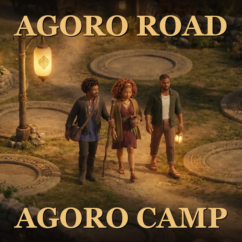 Trois voyageurs marchent sur la route au crépuscule, avec les titres Agoro Road et Agoro Camp