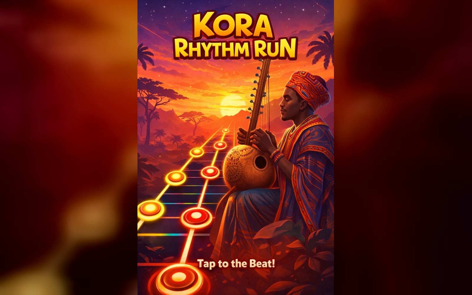 Kora Rhythm Run cover: a kora player against a warm evening sky