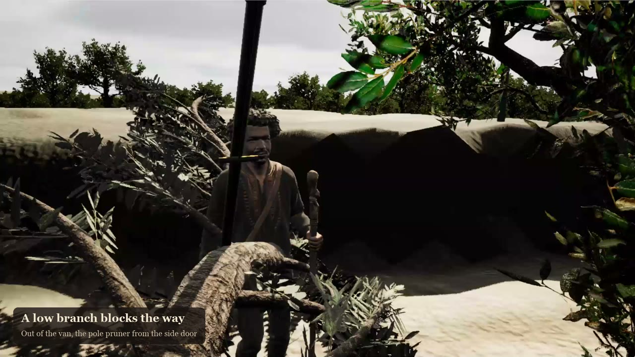 In the Unreal build: my character stands on the olive track with the pole pruner beside a fallen low branch, trees around, in daylight