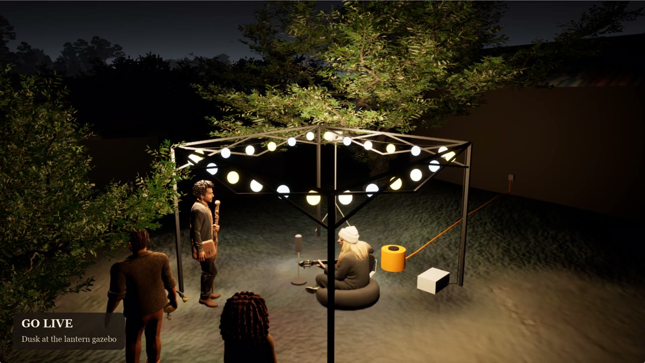 In the Unreal build at dusk: a gazebo strung with round lights, Nilua seated with a guitar under it, the founders standing nearby
