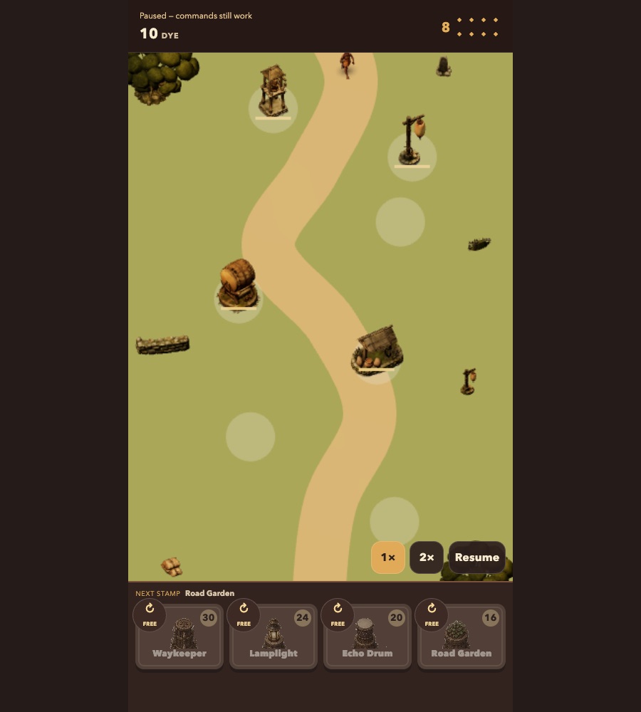 Screenshot of Agoro Road in its 3D view at Lantern Bend after the new models: a timber watch tower, a hanging lantern on a post, a barrel drum on a cradle, a roofed garden stamp, a dry-stone wall and a dark-crowned tree beside the winding road