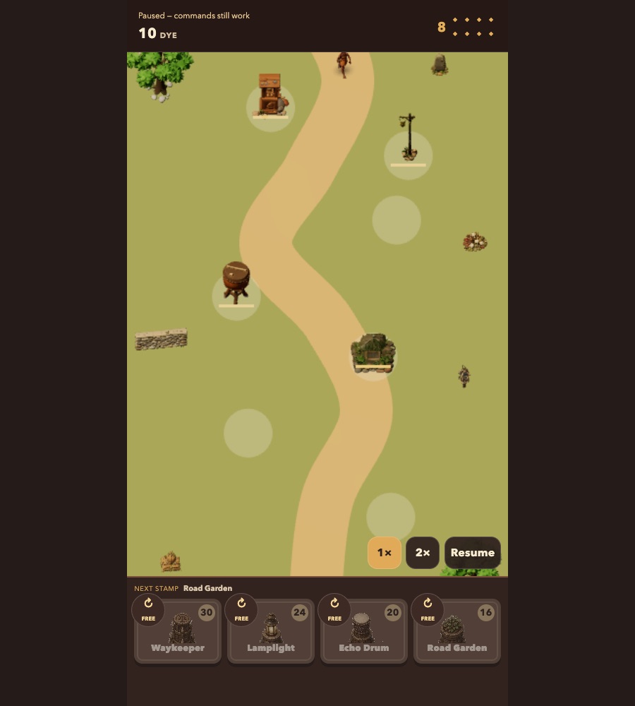 Screenshot of Agoro Road in its 3D view at Lantern Bend: a winding sand-coloured road on a green field, with the earlier stand-in models of a tower, a lantern post, a drum, a planted garden bed, a wall and a leafy tree